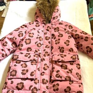 Pink Leopard Print Kids Jacket with Faux Fur Hood - Mini Boden